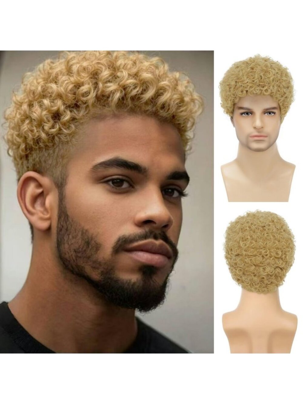 Mens Blond Short Afro Kinky Curly Natural Synthetic Wig Shag Bangs Cosplay Style